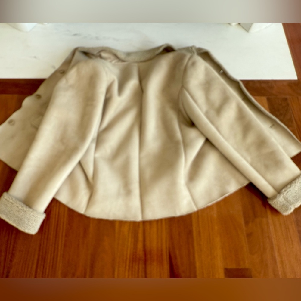 Women's Suede Sherpa Coat Jacket Lands End Cream FAUX Shearling Pea Coat Size L - Picture 9 of 16